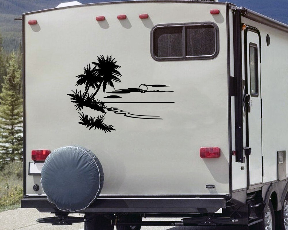 Beach Scene with Palm Trees Vinyl Decal V1 | RV Graphics Travel Die Cut Sticker