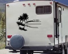 Beach Scene with Palm Trees Vinyl Decal V1 | RV Graphics Travel Die Cut Sticker