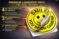 (Set of 5) Smile You’re On Camera Sign – 4.5″ Circle – 4 Mil Vinyl – Laminated