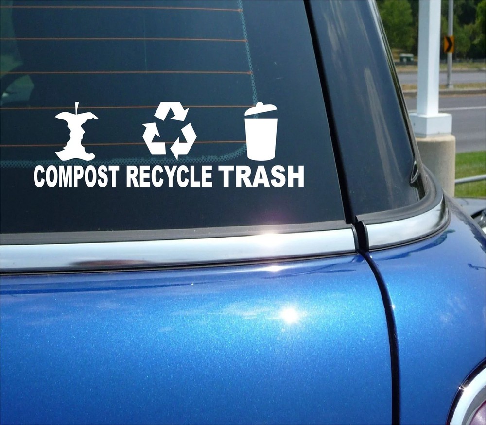 COMPOST RECYCLE TRASH SET VINYL DECAL STICKER BIN SAVE ENVIRONMENT OFFICE