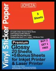 [3 Sheets] JOYEZA Glossy Vinyl Sticker Paper 8 1/2″ X 11″ INKJET/LASER B2G1