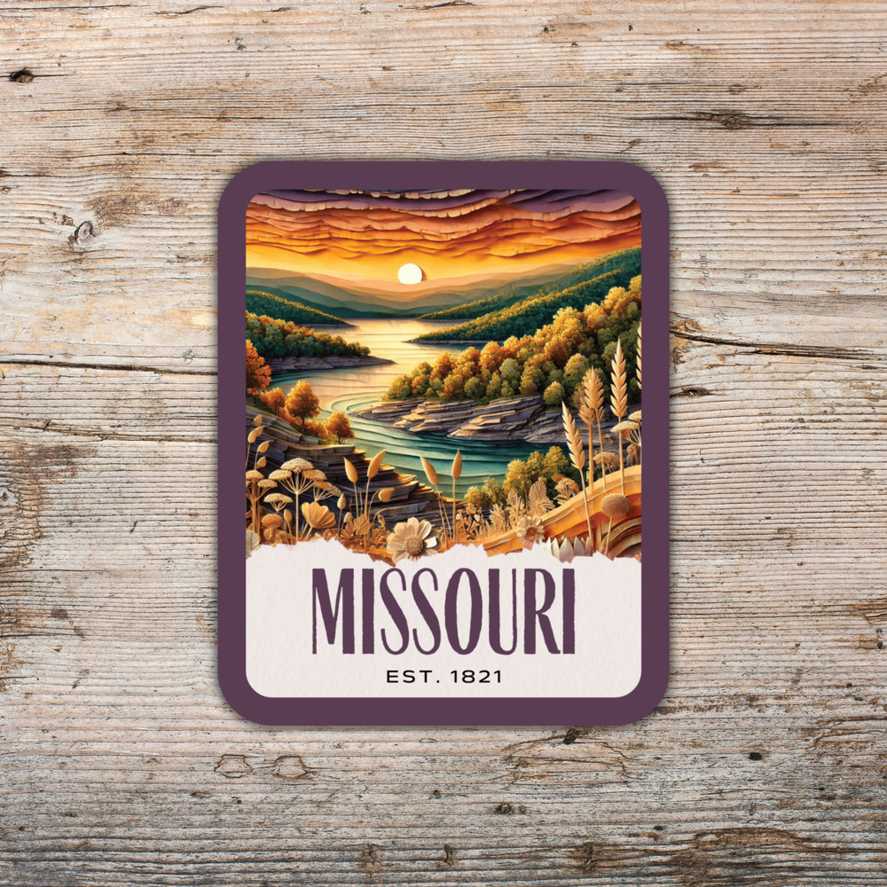 Missouri State Sticker, Paper Collage Look, Scenic Ozark Mountains Vinyl Decal
