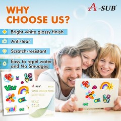 A-SUB Printable Vinyl Sticker Paper Glossy White 100 Sheet 8.5×11 Inkjet Printer
