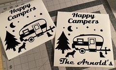 Vinyl Decal – Happy Campers, Campsite (May Customize w/ Name), Various Colors