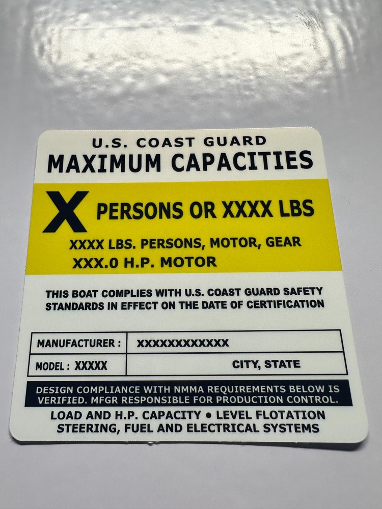 Custom Boat Capacity Plate Decal Sticker | USCG 4×4 Marine Tag 3M