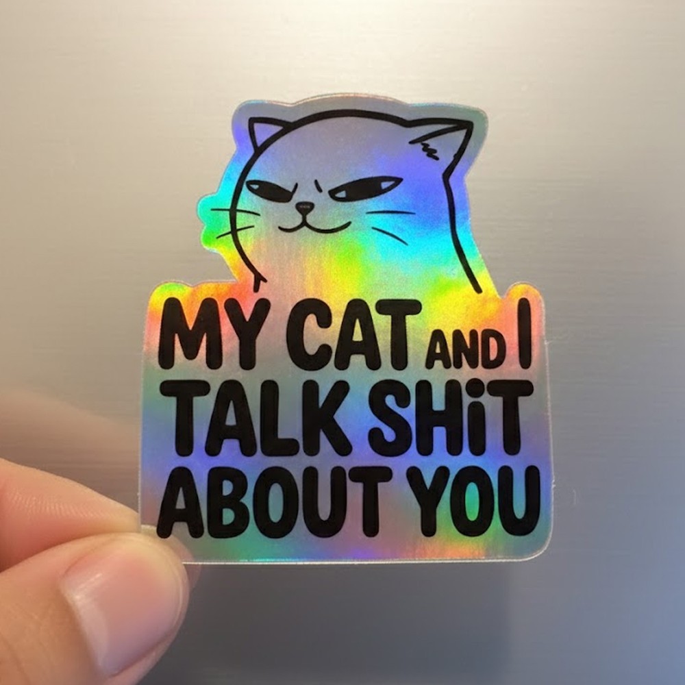 Funny Cat Holographic Sticker 3×3 – My Cat and I Talk Stuff About You Vinyl