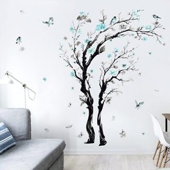 decalmile Large Watercolor Tree Wall Decals Blue Flower Branch Multi Color