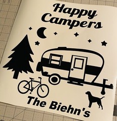 Vinyl Decal – Happy Campers, Campsite (May Customize w/ Name), Various Colors
