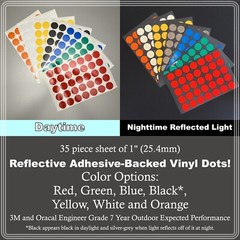 1″ (25.4mm) Reflective Adhesive Back Dots Sheets of 35 Stickers 7 Color Options