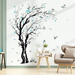 decalmile Large Watercolor Tree Wall Decals Blue Flower Branch Multi Color