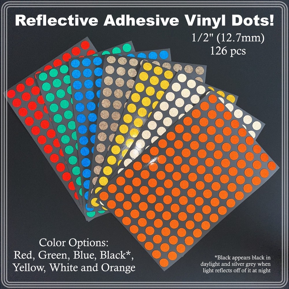1/2″ (12.7mm) Reflective Adhesive Dots Sheets of 126 Stickers 7 Color Options
