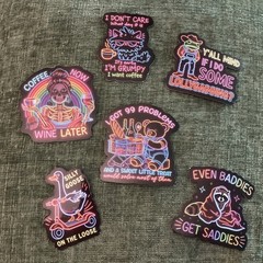 6 Multicolor Vinyl Stickers Set, Neon Art, Humorous Animals, Waterproof, Modern