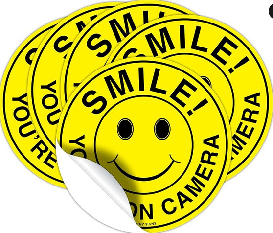 (Set of 5) Smile You’re On Camera Sign – 4.5″ Circle – 4 Mil Vinyl – Laminated