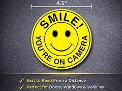 (Set of 5) Smile You’re On Camera Sign – 4.5″ Circle – 4 Mil Vinyl – Laminated