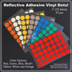 1″ (25.4mm) Reflective Adhesive Back Dots Sheets of 35 Stickers 7 Color Options