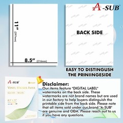A-SUB Printable Vinyl Sticker Paper Glossy White 100 Sheet 8.5×11 Inkjet Printer