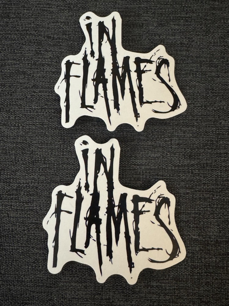 Lot (2) IN FLAMES 2 1/2″ x 2 1/2″ Band Logo STICKERS Black White FAST! FREE SHIP