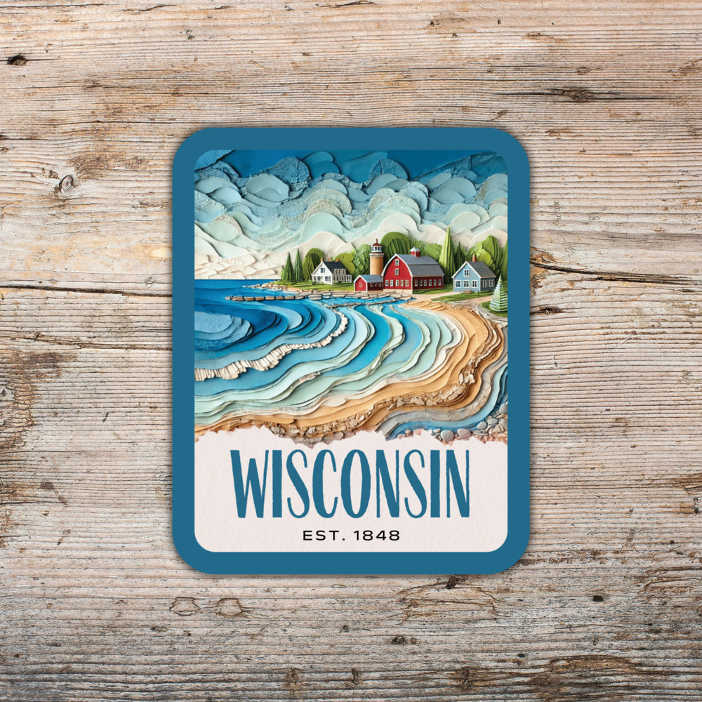 Wisconsin State Sticker, Paper Collage Look, Scenic Door County Decal