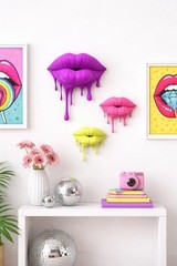 3D Effect Pop Art Lips Wall Decal, Purple & Yellow Dripping Lips Wall Decor