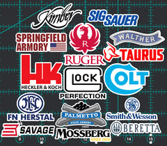 15 Gun Manufacturer Logo Stickers – Clear, Holographic, or White- Armory Ammo