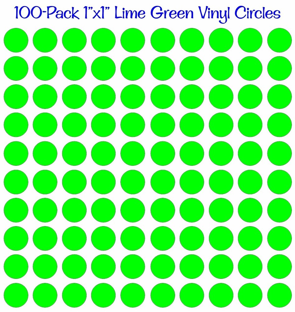 100 pack 1″x1″ Diameter Round Lime Neon Green Vinyl Circles / Polka Dots Decals