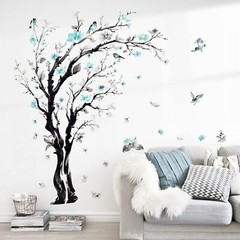 decalmile Large Watercolor Tree Wall Decals Blue Flower Branch Multi Color