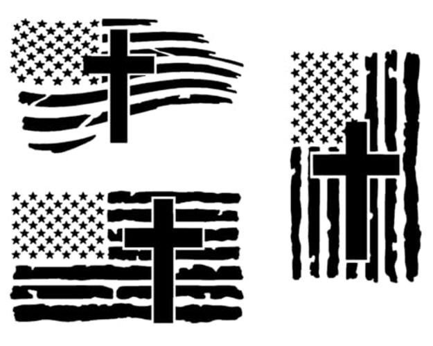 American Flag with Cross Vinyl Decal 3 Pack: Christian Jesus US Small ~4″ Black